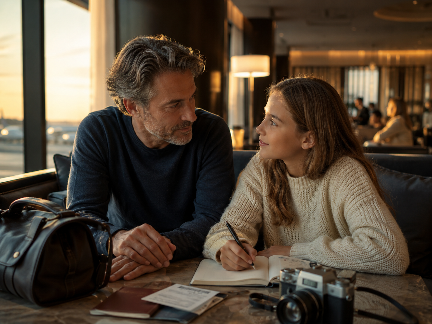 Padre e figlia in un lounge di viaggio, in conversazione