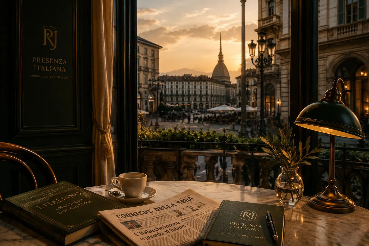 Café italiano elegante ao entardecer